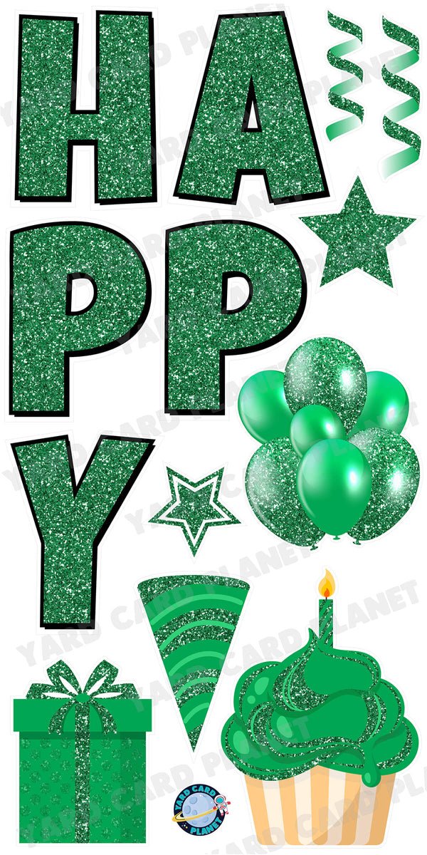 Large 23.5" Glitter Green Happy Birthday Individual Letters in Luckiest Guy Font and Birthday Flair Set