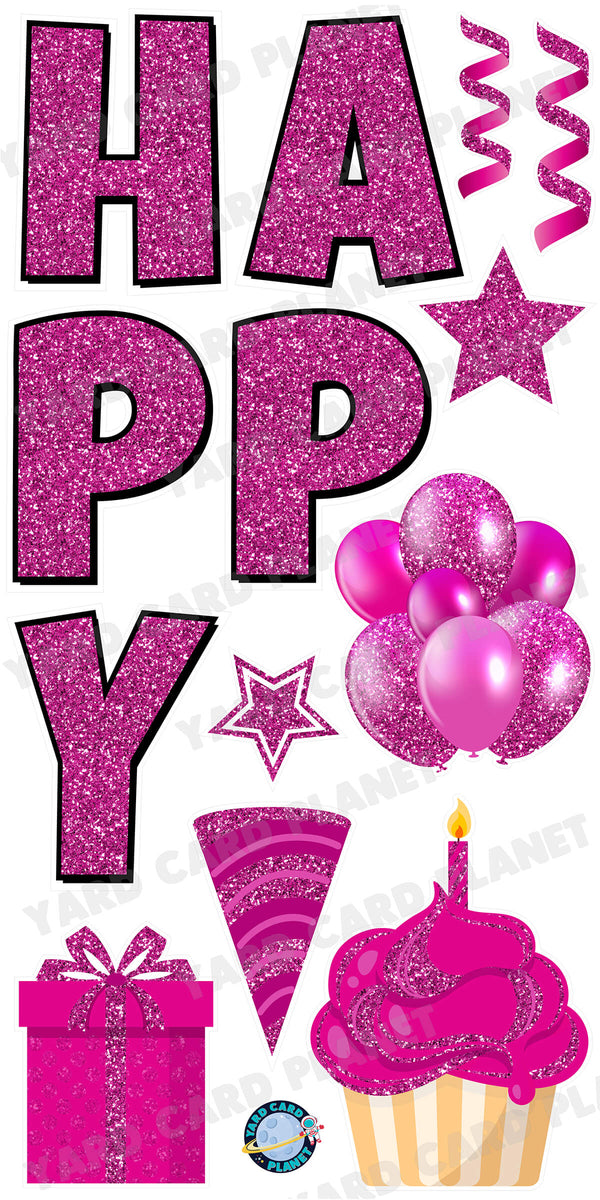 Large 23.5" Glitter Hot Pink Happy Birthday Individual Letters in Luckiest Guy Font and Birthday Flair Set