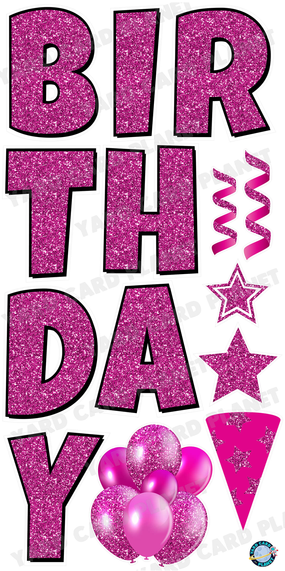 Large 23.5" Glitter Hot Pink Happy Birthday Individual Letters in Luckiest Guy Font and Birthday Flair Set