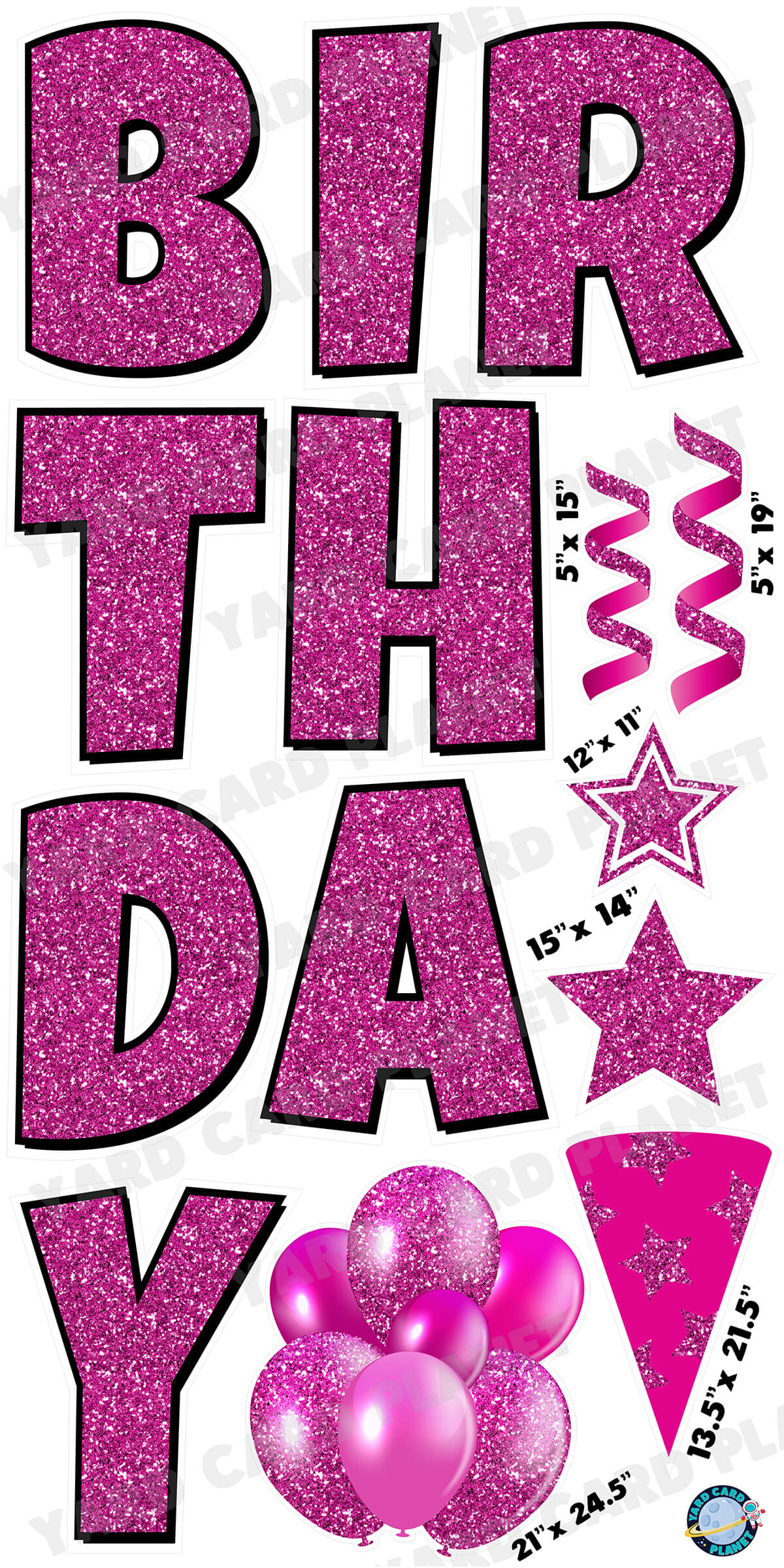 Large 23.5" Glitter Hot Pink Happy Birthday Individual Letters in Luckiest Guy Font and Birthday Flair Set