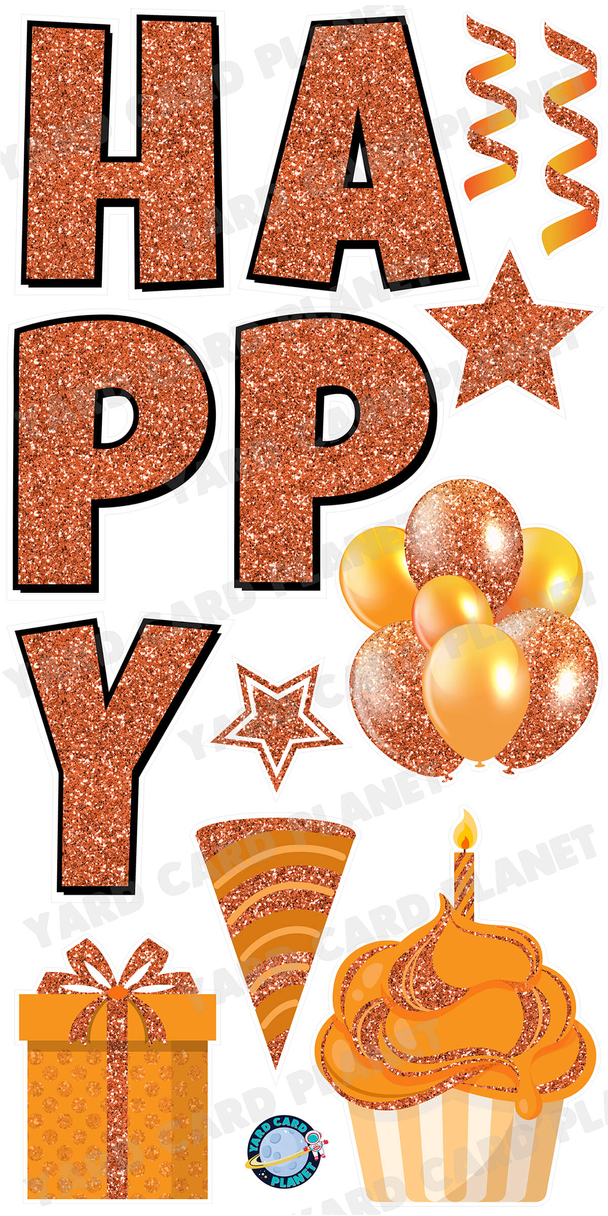 Large 23.5" Glitter Orange Happy Birthday Individual Letters in Luckiest Guy Font and Birthday Flair Set