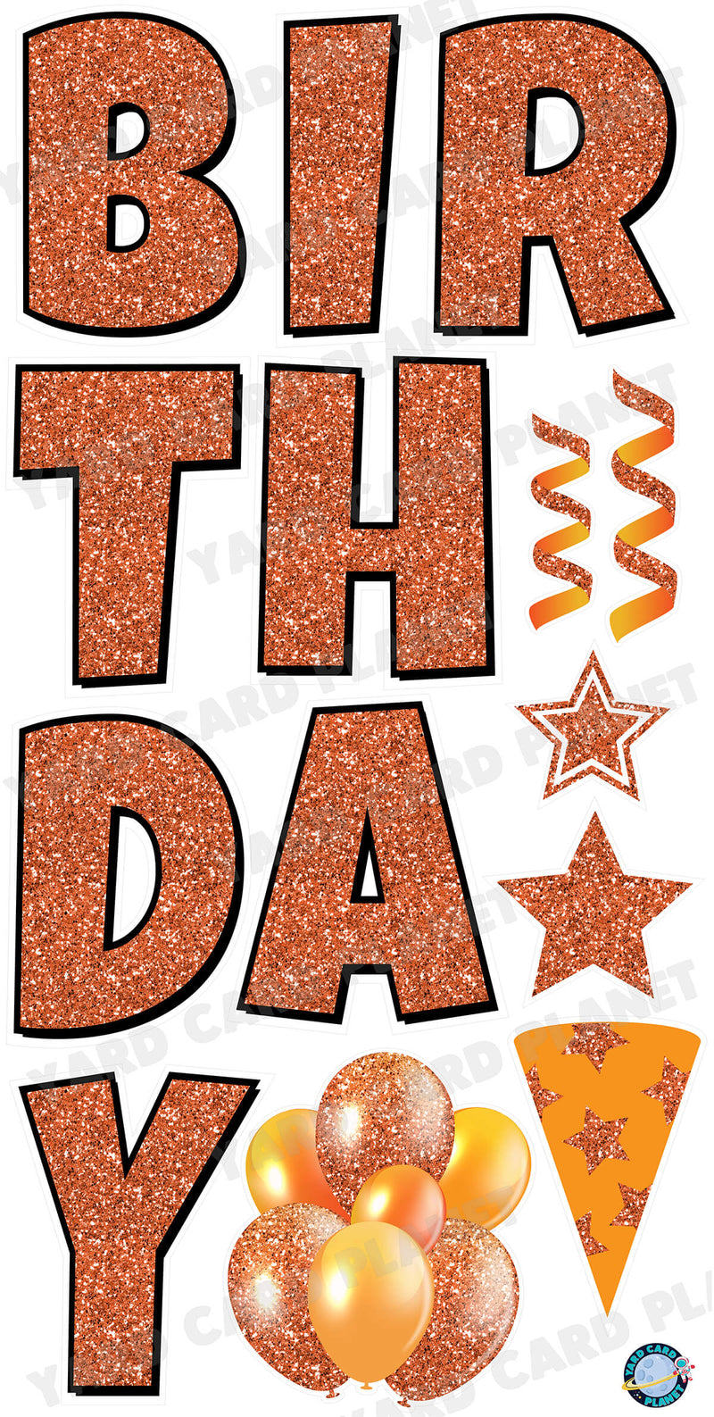 Large 23.5" Glitter Orange Happy Birthday Individual Letters in Luckiest Guy Font and Birthday Flair Set
