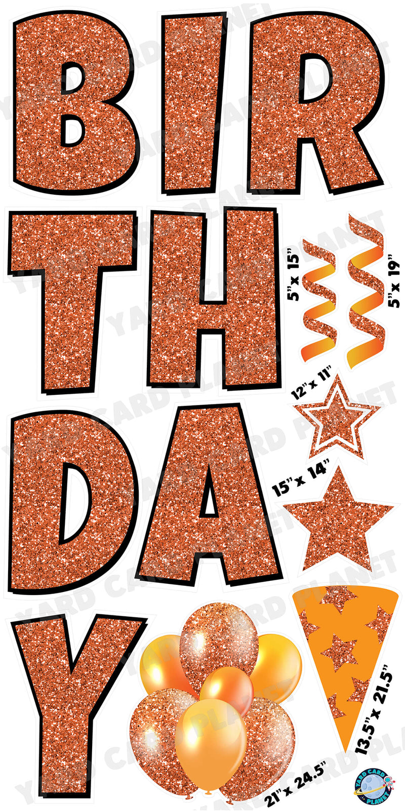 Large 23.5" Glitter Orange Happy Birthday Individual Letters in Luckiest Guy Font and Birthday Flair Set
