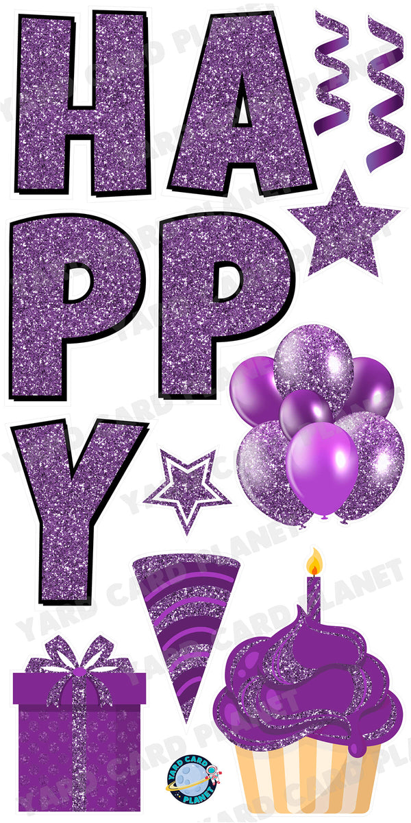 Large 23.5" Glitter Purple Happy Birthday Individual Letters in Luckiest Guy Font and Birthday Flair Set