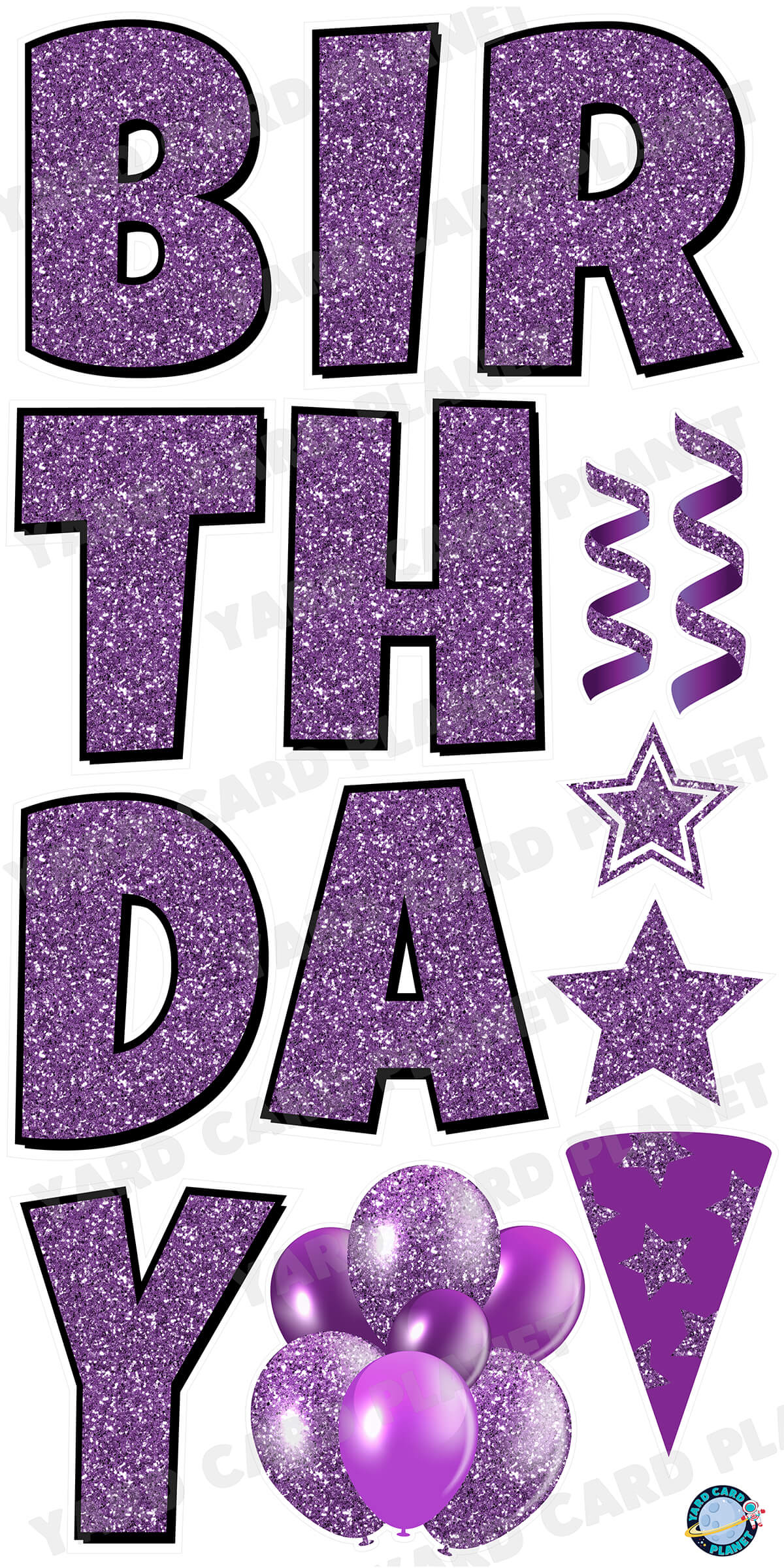 Large 23.5" Glitter Purple Happy Birthday Individual Letters in Luckiest Guy Font and Birthday Flair Set