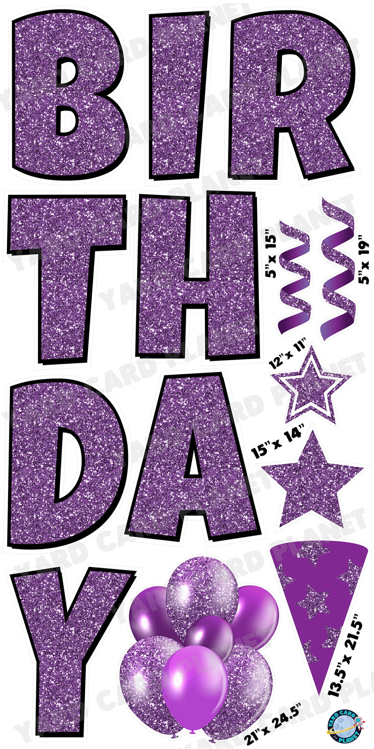 Large 23.5" Glitter Purple Happy Birthday Individual Letters in Luckiest Guy Font and Birthday Flair Set