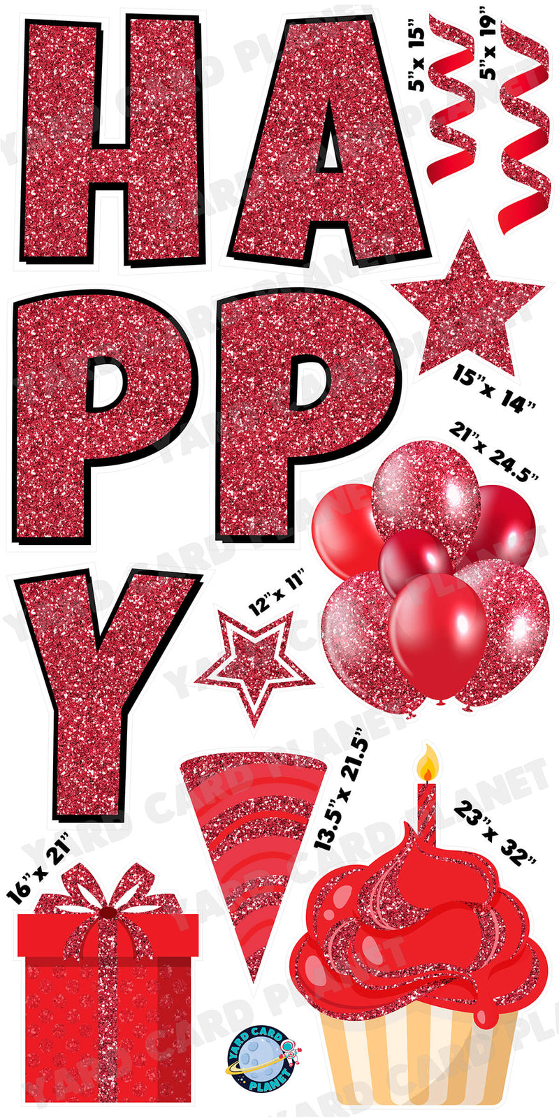 Large 23.5" Glitter Red Happy Birthday Individual Letters in Luckiest Guy Font and Birthday Flair Set