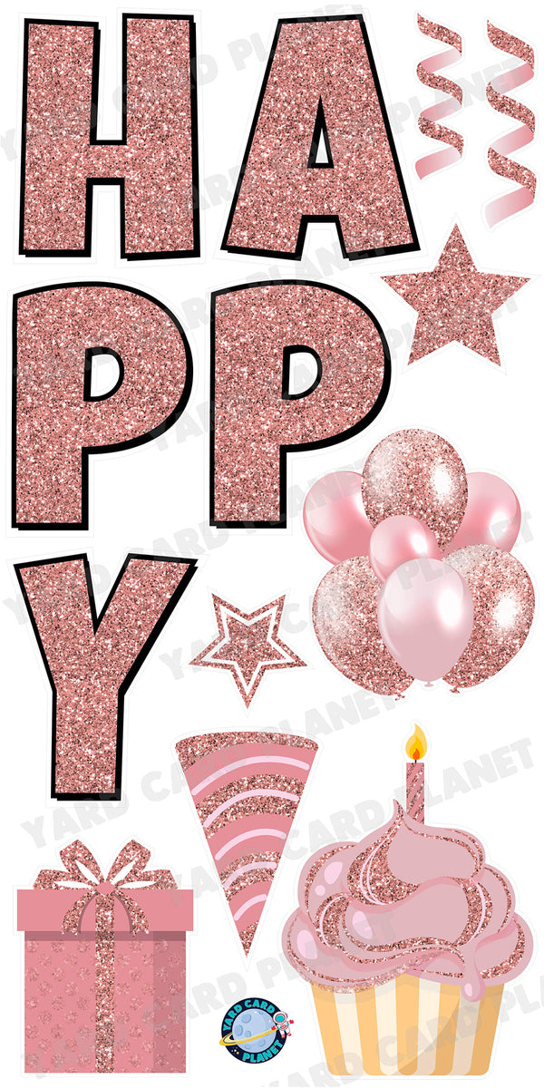 Large 23.5" Glitter Rose Gold Happy Birthday Individual Letters in Luckiest Guy Font and Birthday Flair Set