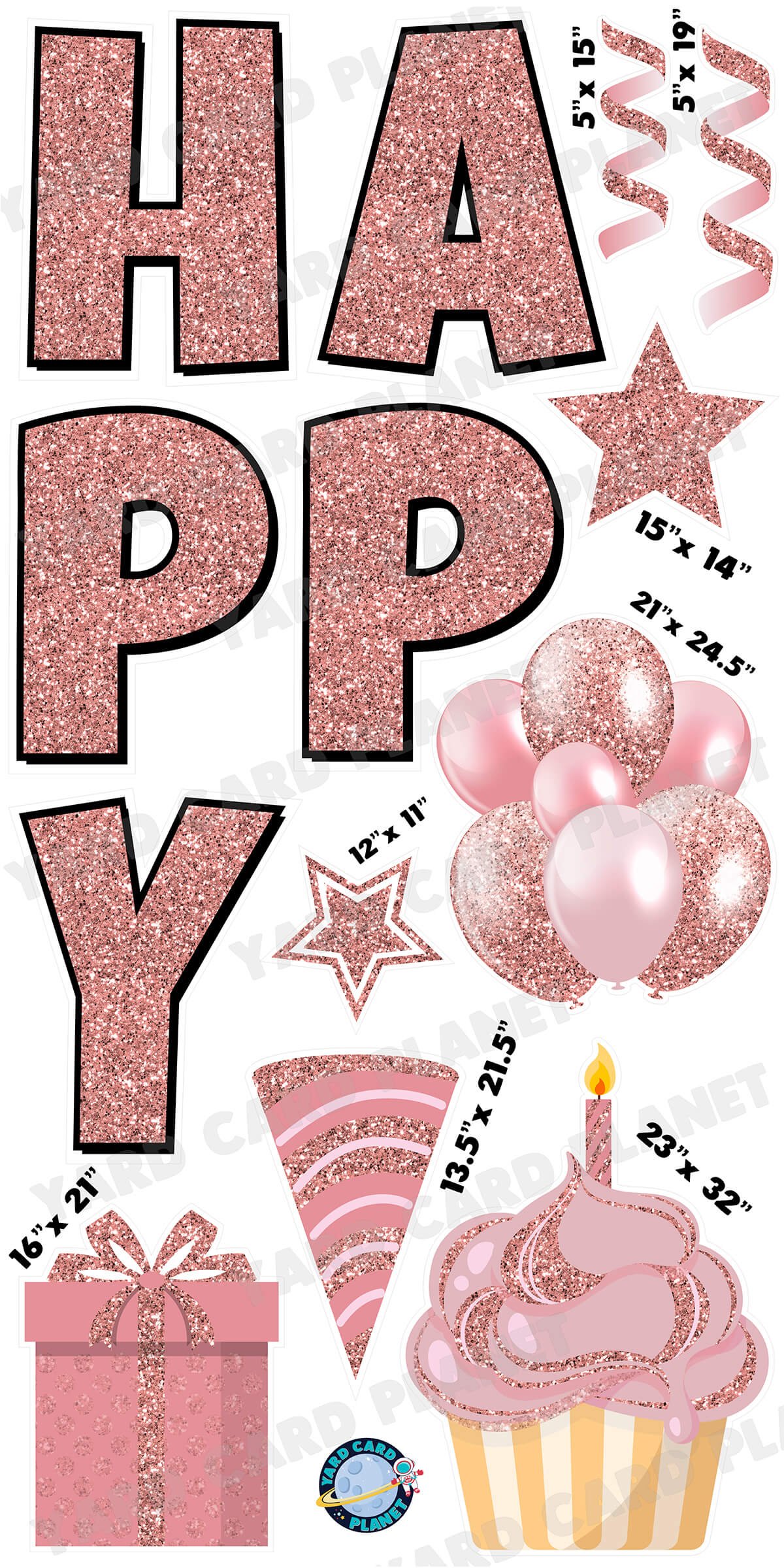 Large 23.5" Glitter Rose Gold Happy Birthday Individual Letters in Luckiest Guy Font and Birthday Flair Set