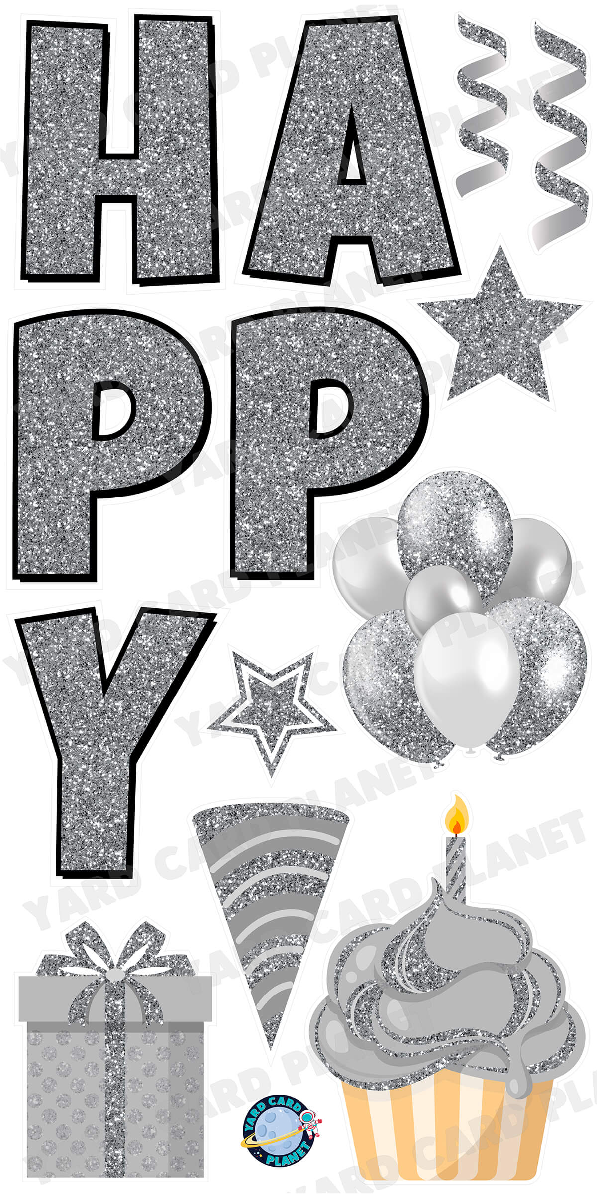 Large 23.5" Glitter Silver Happy Birthday Individual Letters in Luckiest Guy Font and Birthday Flair Set