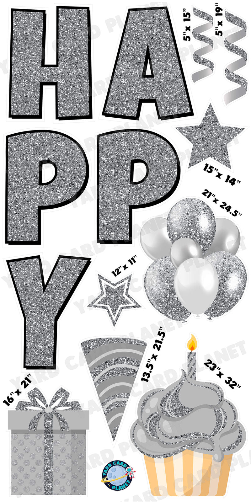 Large 23.5" Glitter Silver Happy Birthday Individual Letters in Luckiest Guy Font and Birthday Flair Set