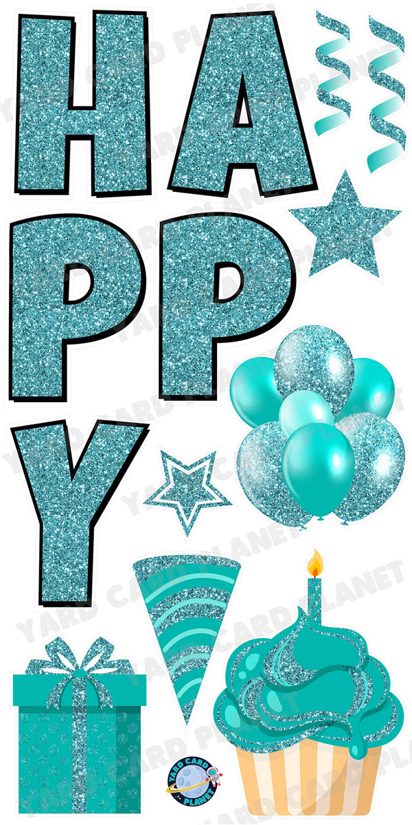 Large 23.5" Glitter Teal Happy Birthday Individual Letters in Luckiest Guy Font and Birthday Flair Set