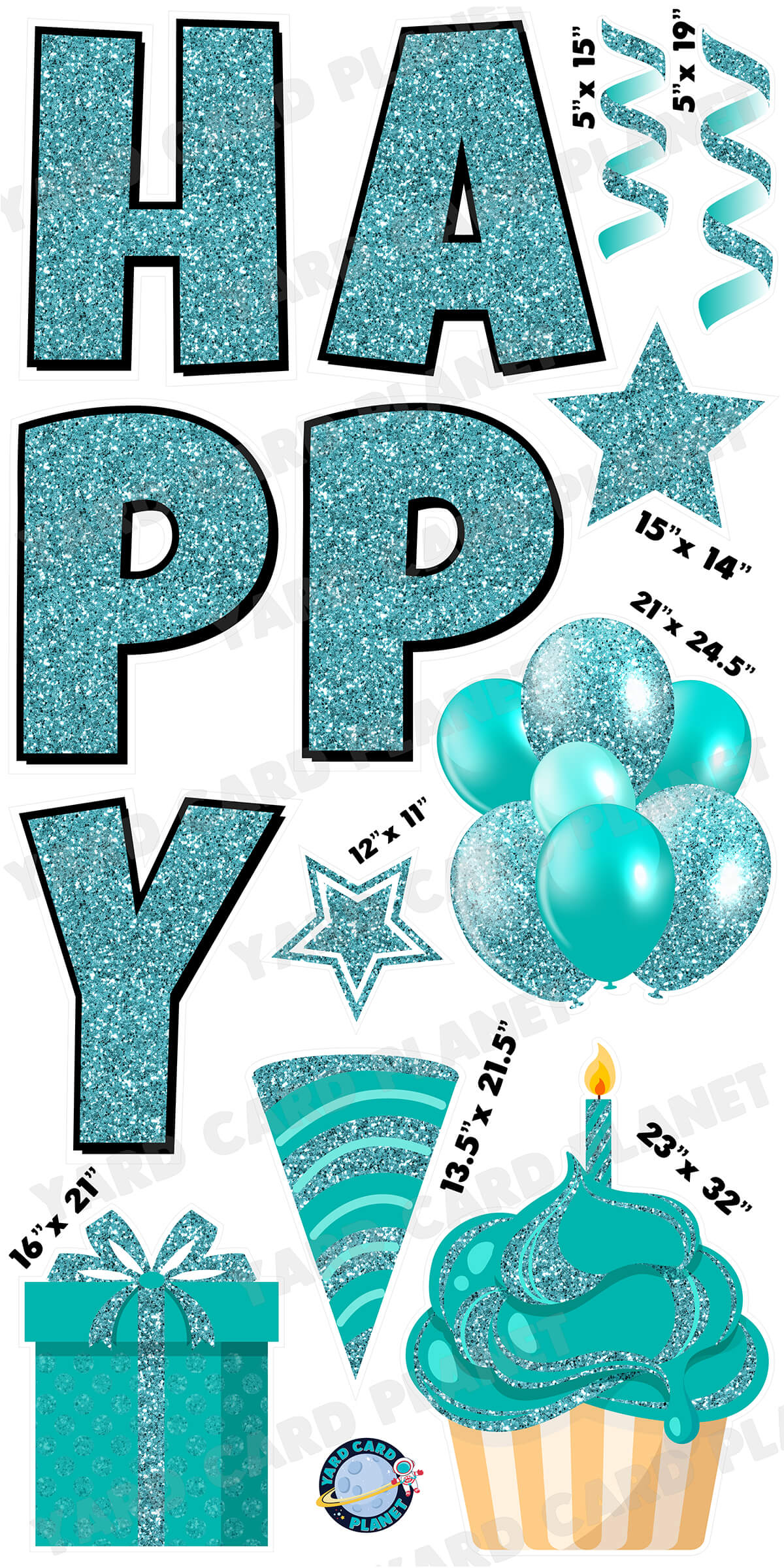 Large 23.5" Glitter Teal Happy Birthday Individual Letters in Luckiest Guy Font and Birthday Flair Set