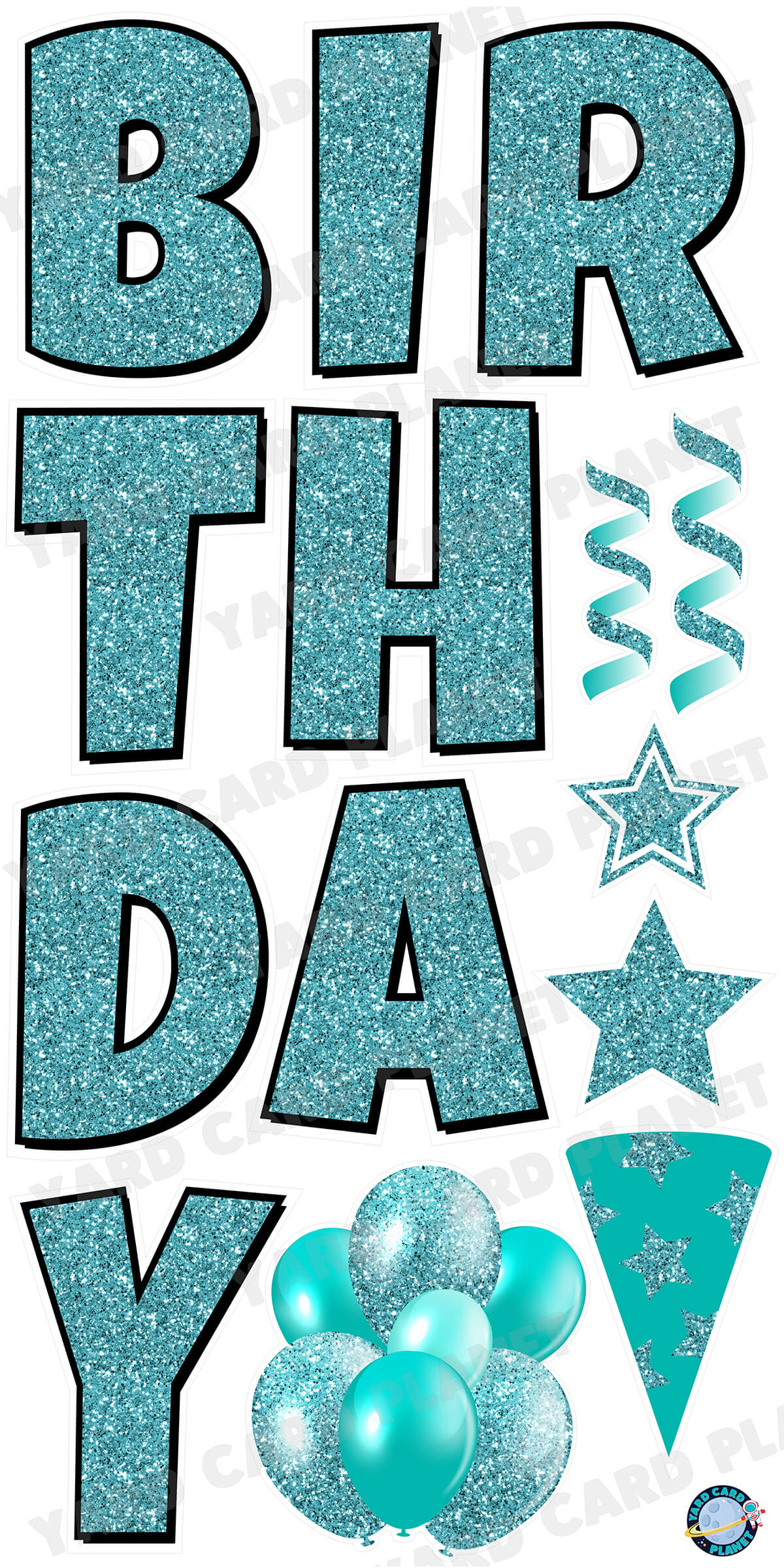 Large 23.5" Glitter Teal Happy Birthday Individual Letters in Luckiest Guy Font and Birthday Flair Set