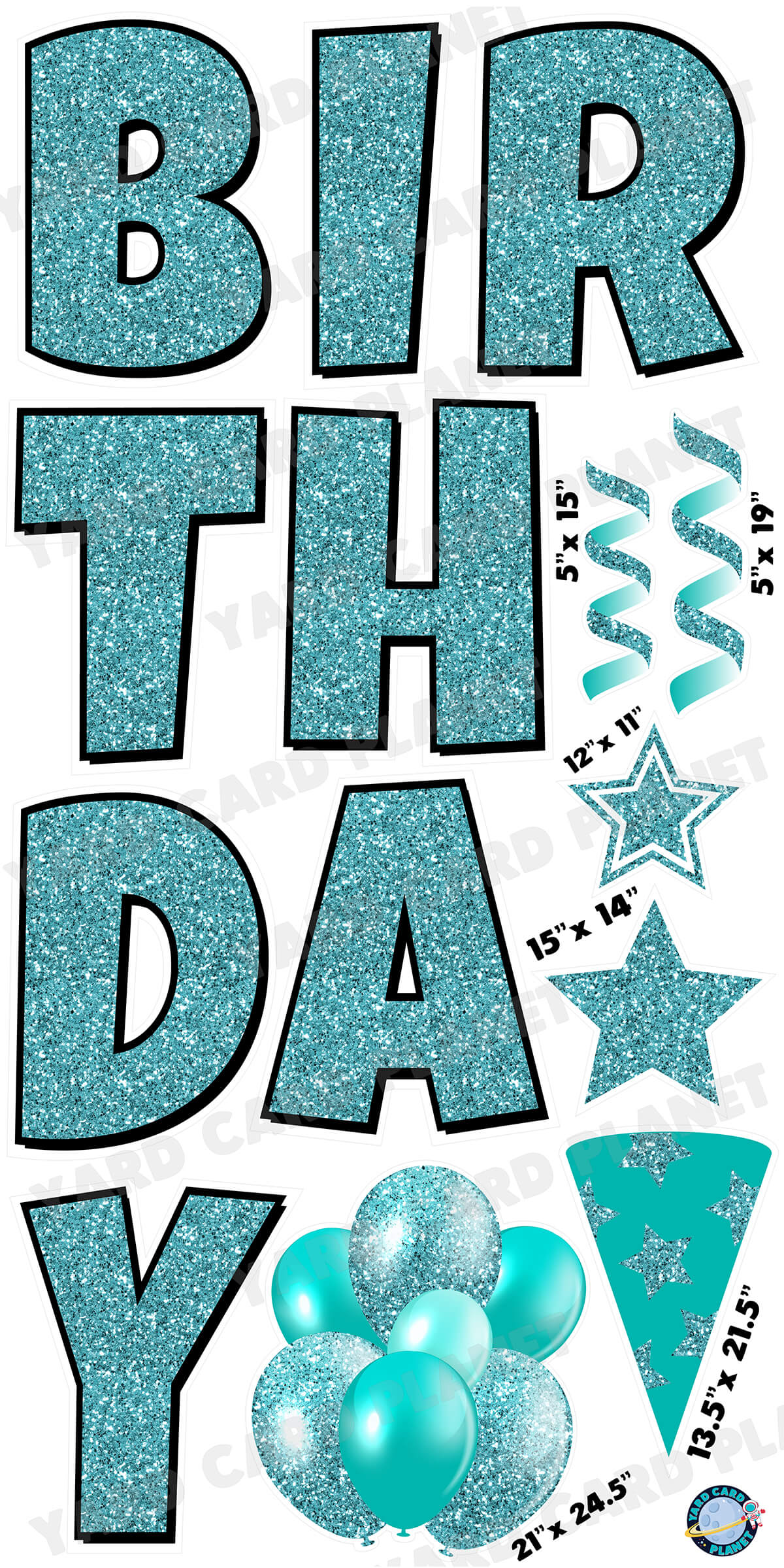 Large 23.5" Glitter Teal Happy Birthday Individual Letters in Luckiest Guy Font and Birthday Flair Set