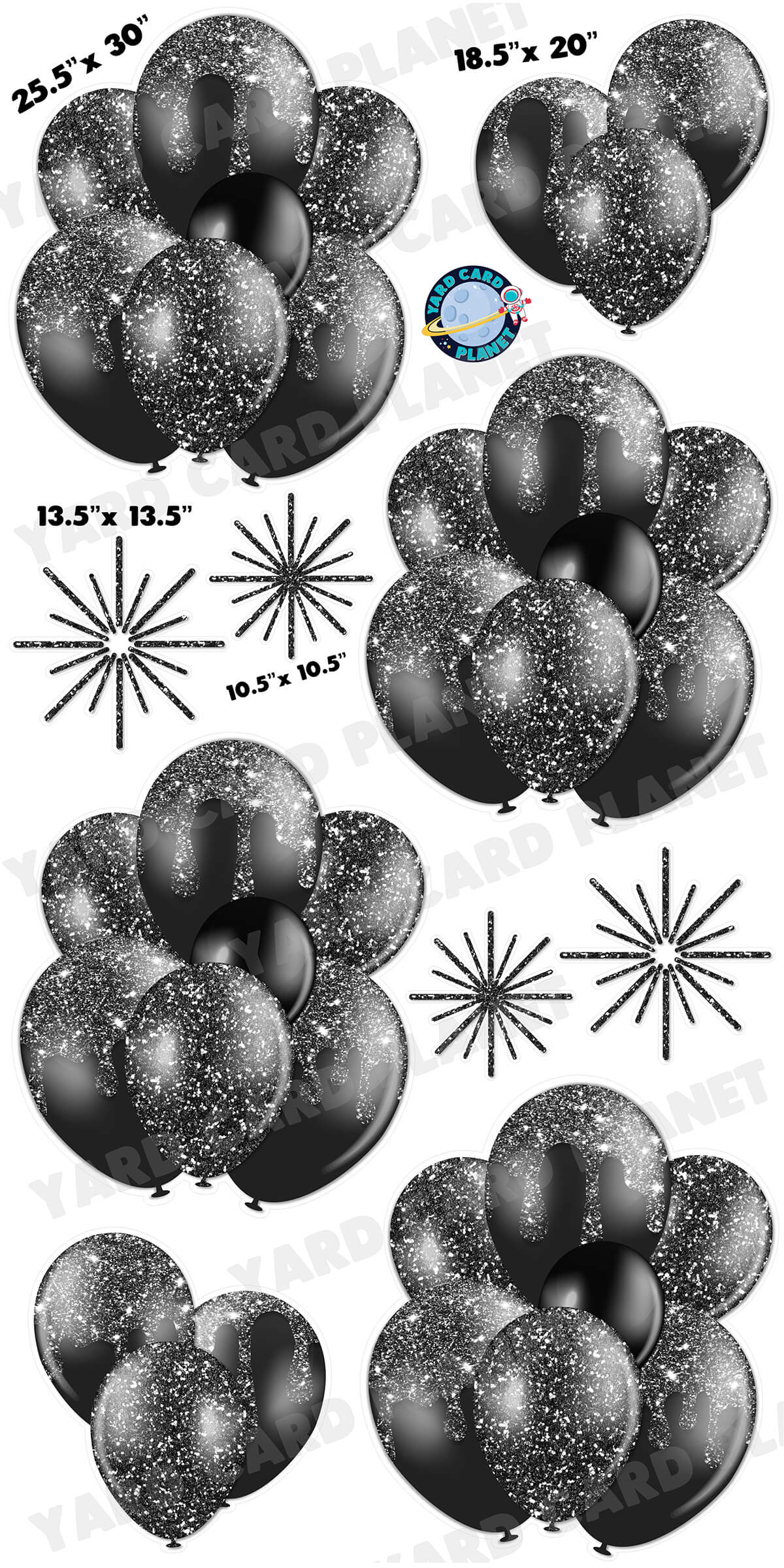 Black Glitter Balloon Bouquets and Starbursts Yard Card Set