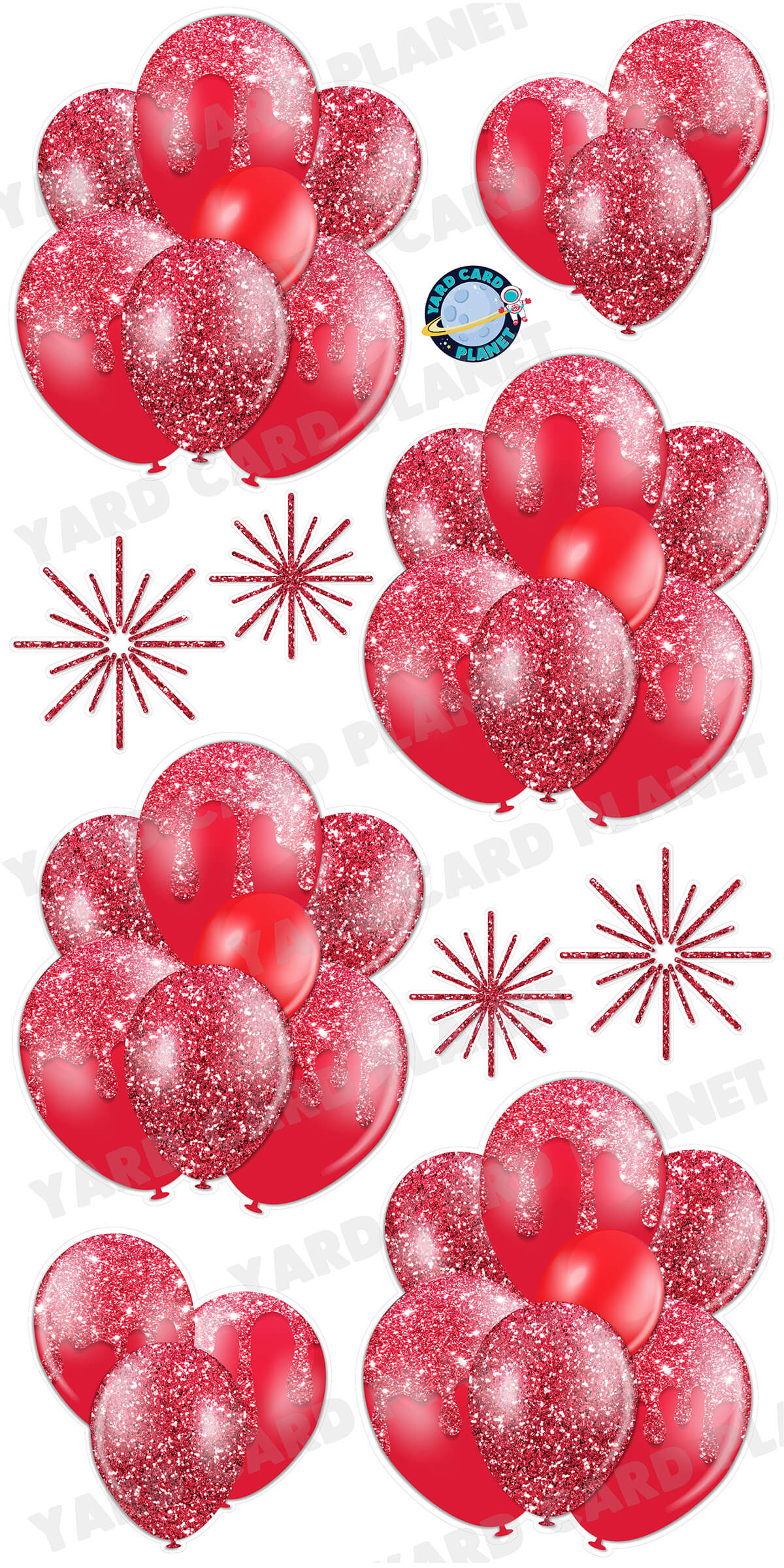 Red Glitter Balloon Bouquets and Starbursts Yard Card Set