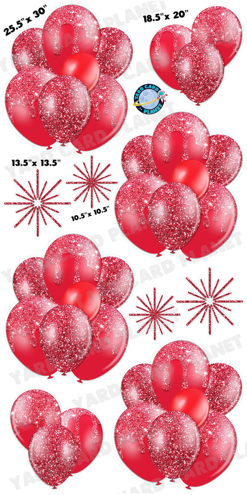 Red Glitter Balloon Bouquets and Starbursts Yard Card Set