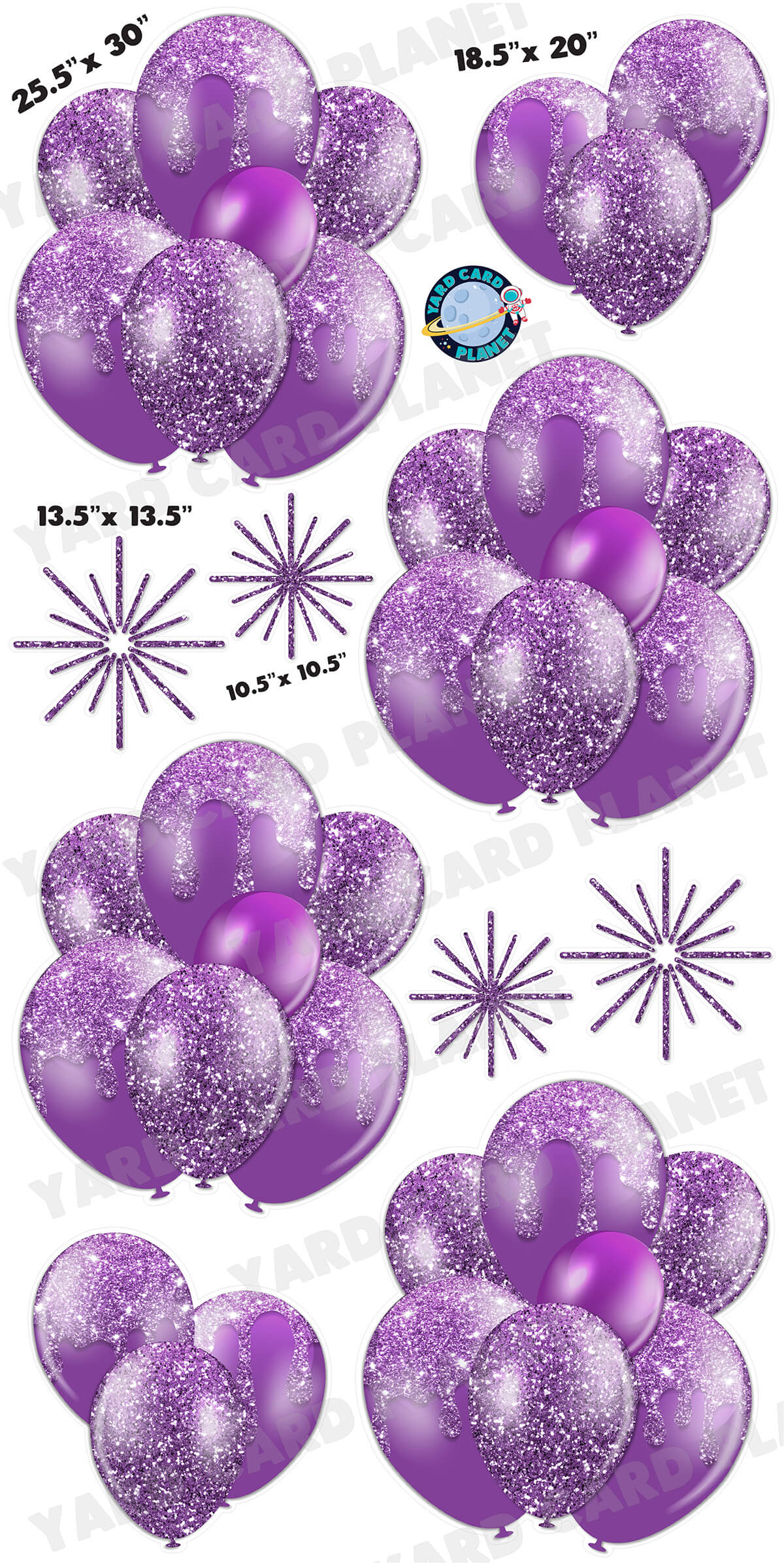 Purple Glitter Balloon Bouquets and Starbursts Yard Card Set