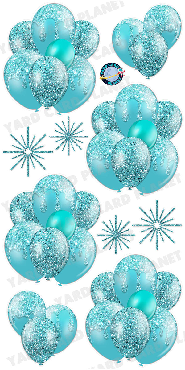 Teal Glitter Balloon Bouquets and Starbursts Yard Card Set