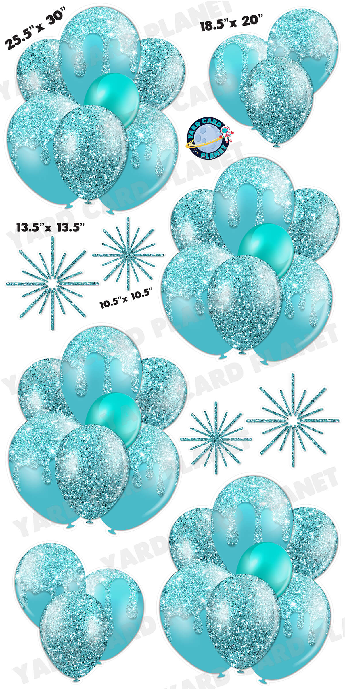 Teal Glitter Balloon Bouquets and Starbursts Yard Card Set