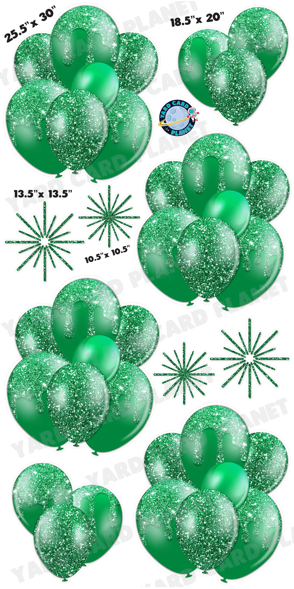 Green Glitter Balloon Bouquets and Starbursts Yard Card Set