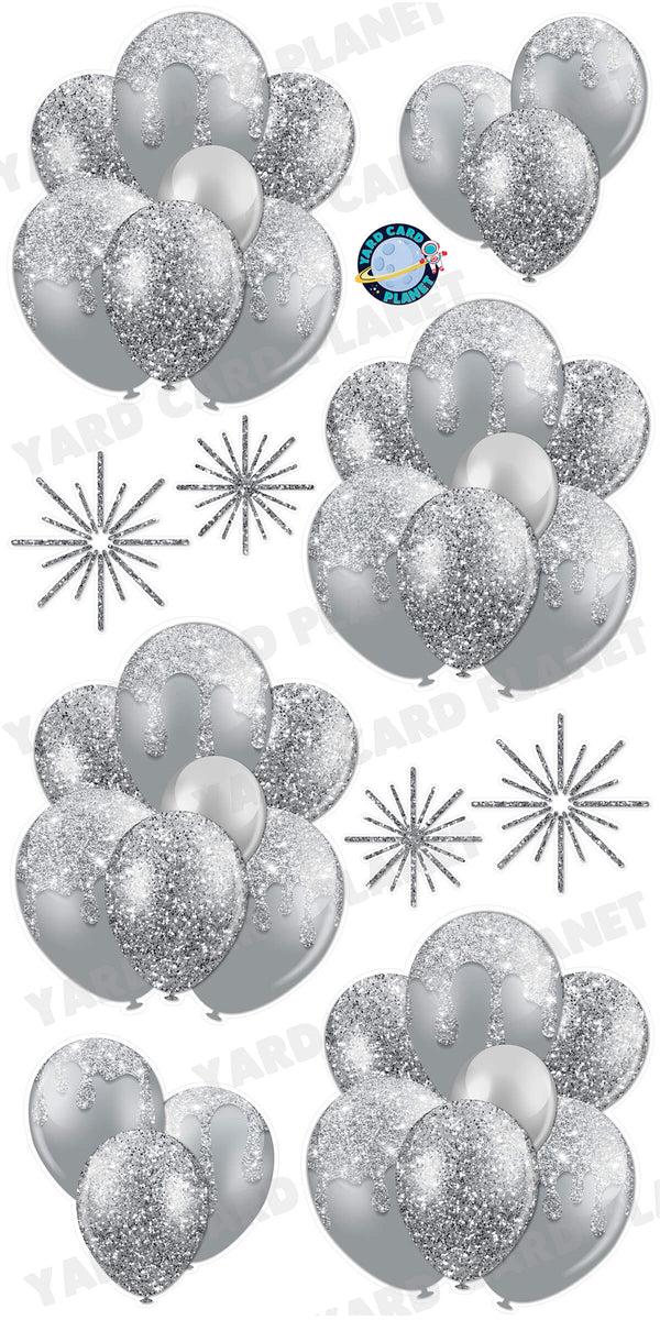 Silver Glitter Balloon Bouquets and Starbursts Yard Card Set