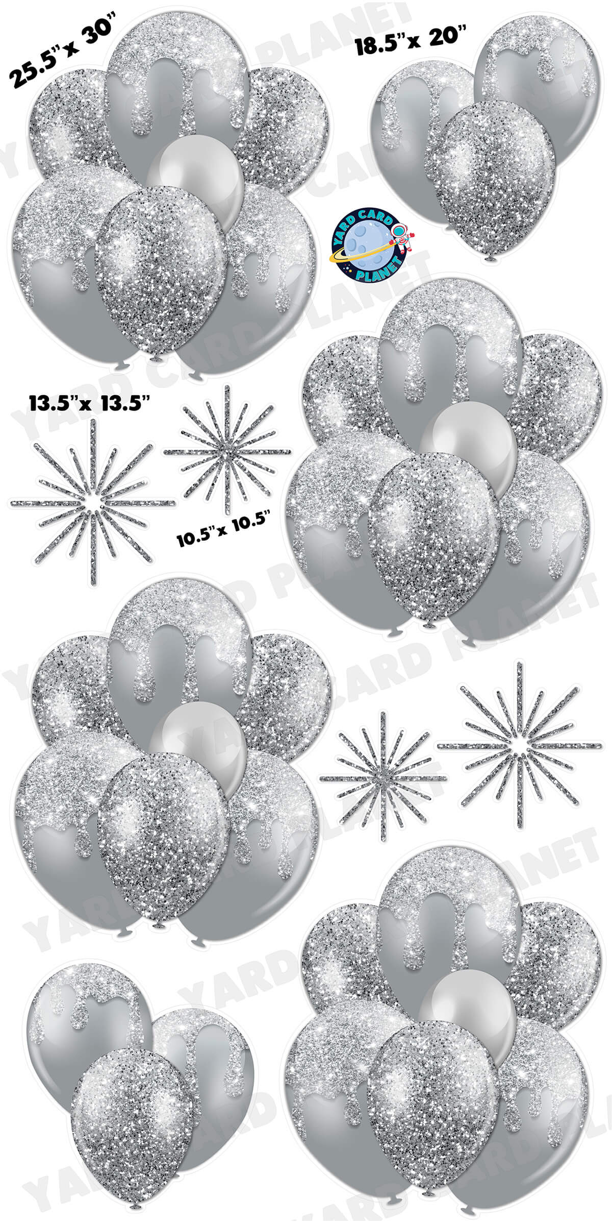 Silver Glitter Balloon Bouquets and Starbursts Yard Card Set