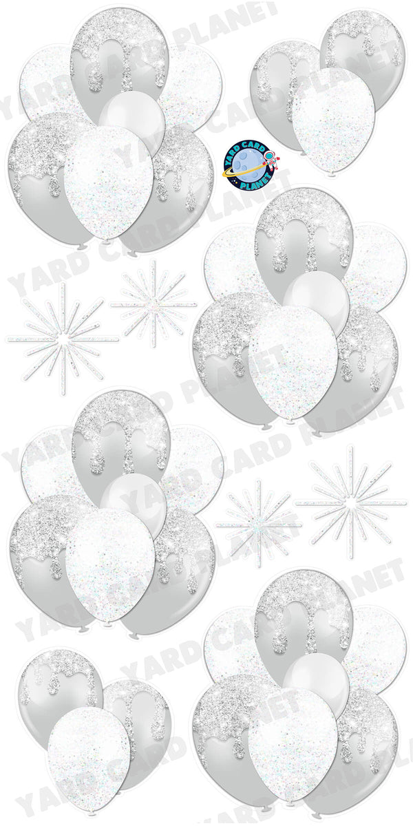 White with Silver Glitter Balloon Bouquets and Starbursts Yard Card Set