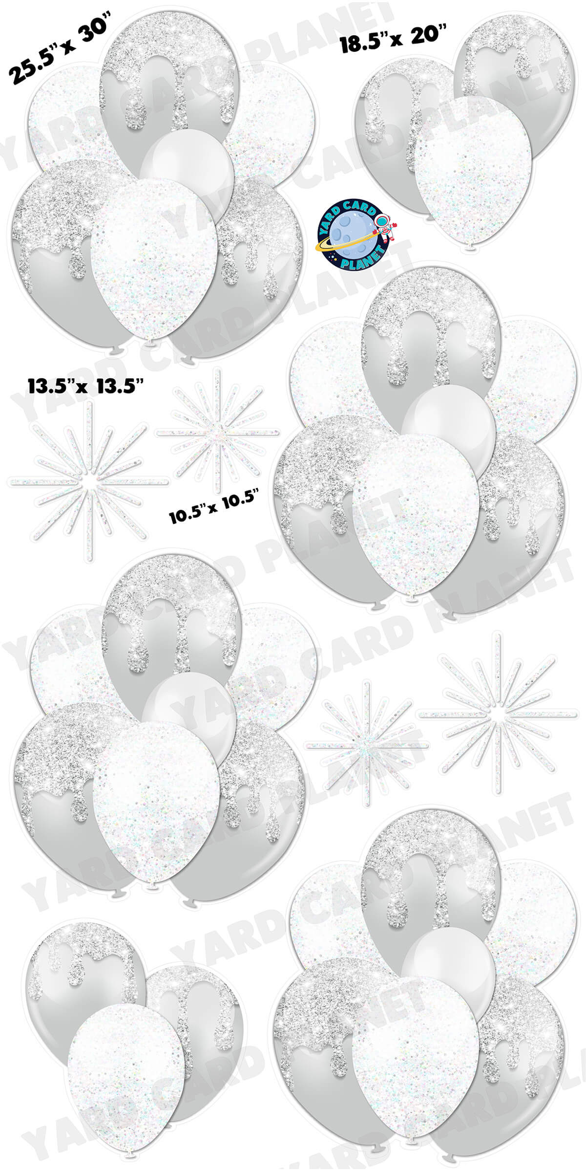 White with Silver Glitter Balloon Bouquets and Starbursts Yard Card Set