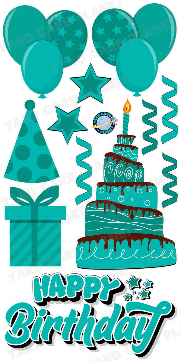 Teal Happy Birthday EZ Quick Sign and Birthday Essentials Yard Card Flair Set