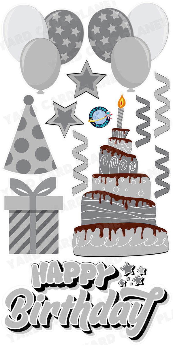 Grey Happy Birthday EZ Quick Sign and Birthday Essentials Yard Card Flair Set
