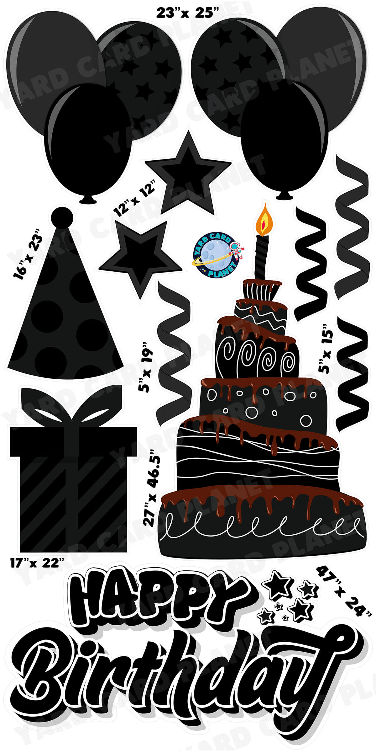 Black Happy Birthday EZ Quick Sign and Birthday Essentials Yard Card Flair Set