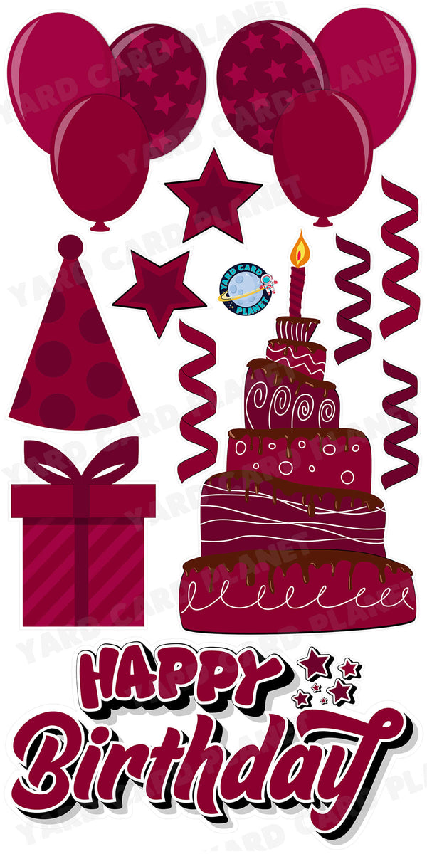Maroon Happy Birthday EZ Quick Sign and Birthday Essentials Yard Card Flair Set