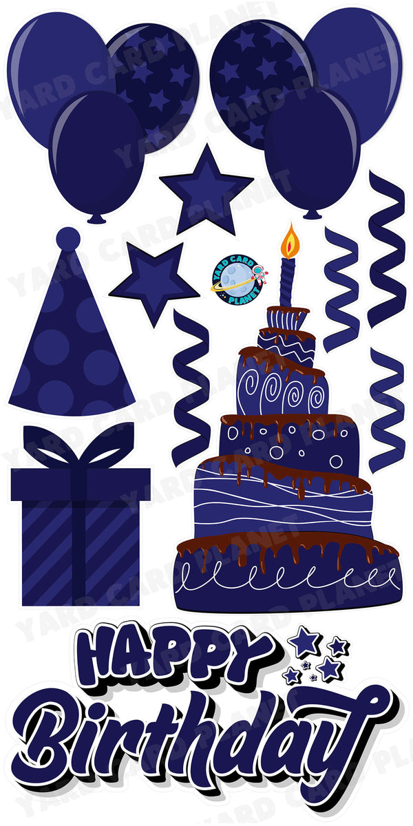 Navy Blue Happy Birthday EZ Quick Sign and Birthday Essentials Yard Card Flair Set