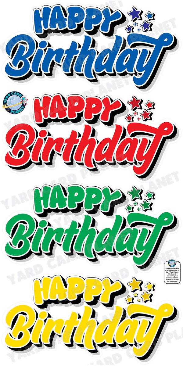 Happy Birthday EZ Quick Signs in Solid Blue, Red, Green and Yellow Yard Card Set