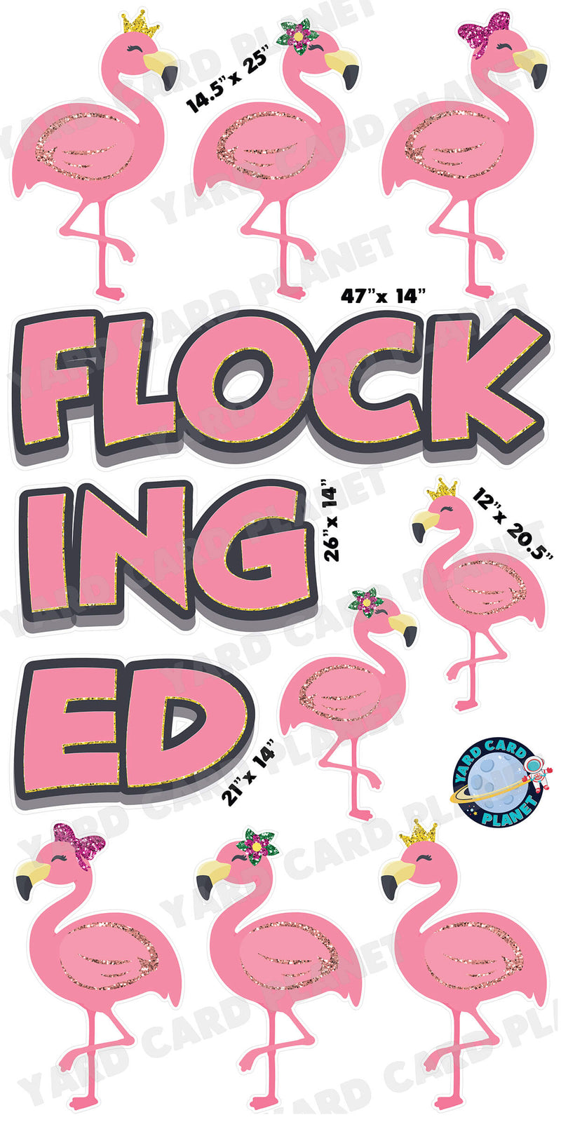 Flocked or Flocking EZ Quick Set and Flamingos Yard Card Flair Set with Measurements
