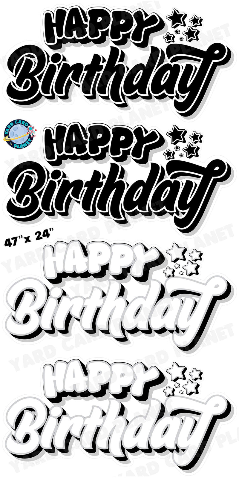 Happy Birthday EZ Quick Signs in Solid Black and White Yard Card Set with Measurements