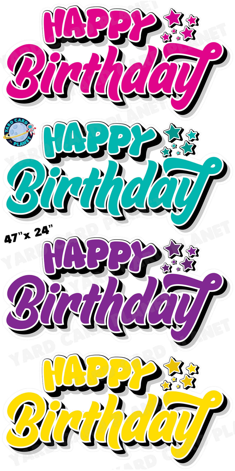 Happy Birthday EZ Quick Signs in Solid Hot Pink, Teal, Purple and Yellow Yard Card Set with Measurements