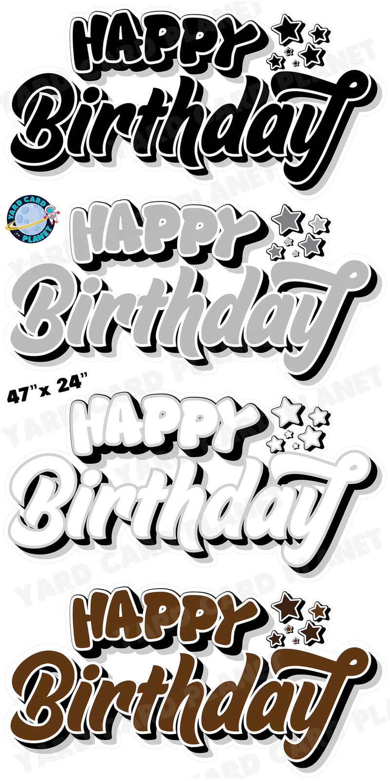 Happy Birthday EZ Quick Signs in Solid Black, White, Grey and Brown Yard Card Set with Measurements