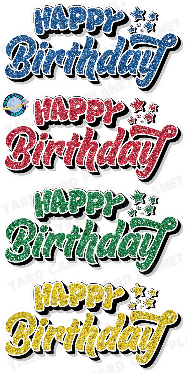 Happy Birthday EZ Quick Signs in Glitter Blue, Red, Green and Yellow Yard Card Set