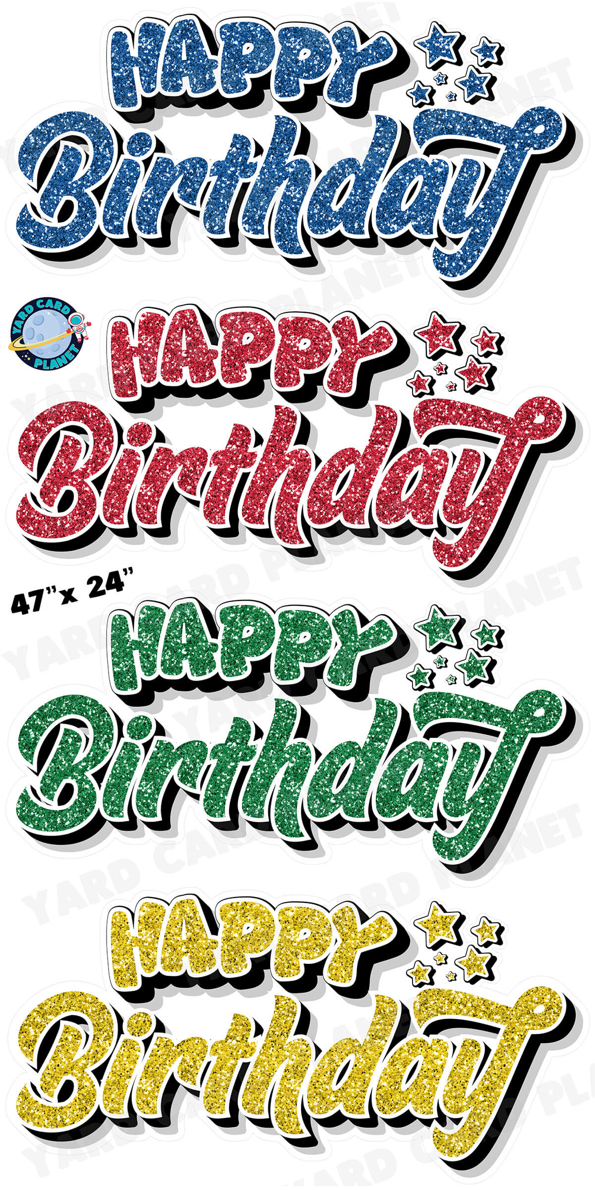 Happy Birthday EZ Quick Signs in Glitter Blue, Red, Green and Yellow Yard Card Set with Measurements