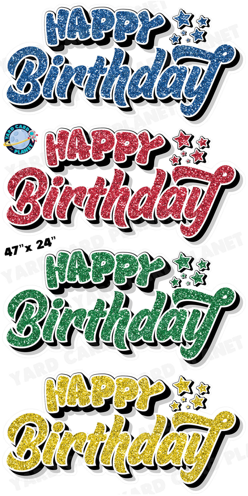 Happy Birthday EZ Quick Signs in Glitter Blue, Red, Green and Yellow Yard Card Set with Measurements