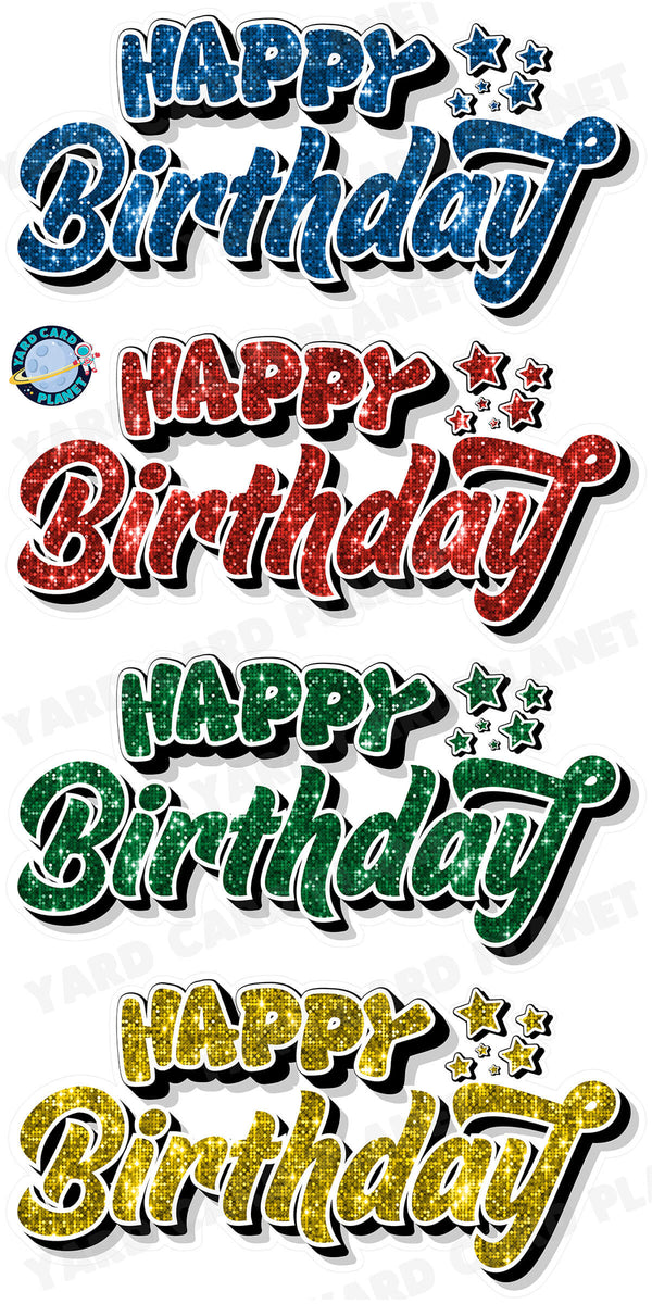 Happy Birthday EZ Quick Signs in Sequin Blue, Red, Green and Yellow Yard Card Set