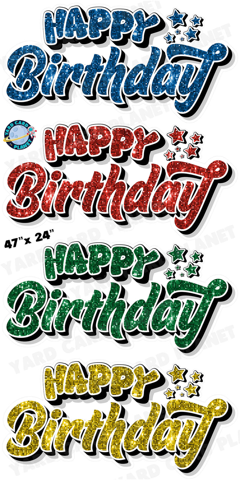 Happy Birthday EZ Quick Signs in Sequin Blue, Red, Green and Yellow Yard Card Set with Measurements