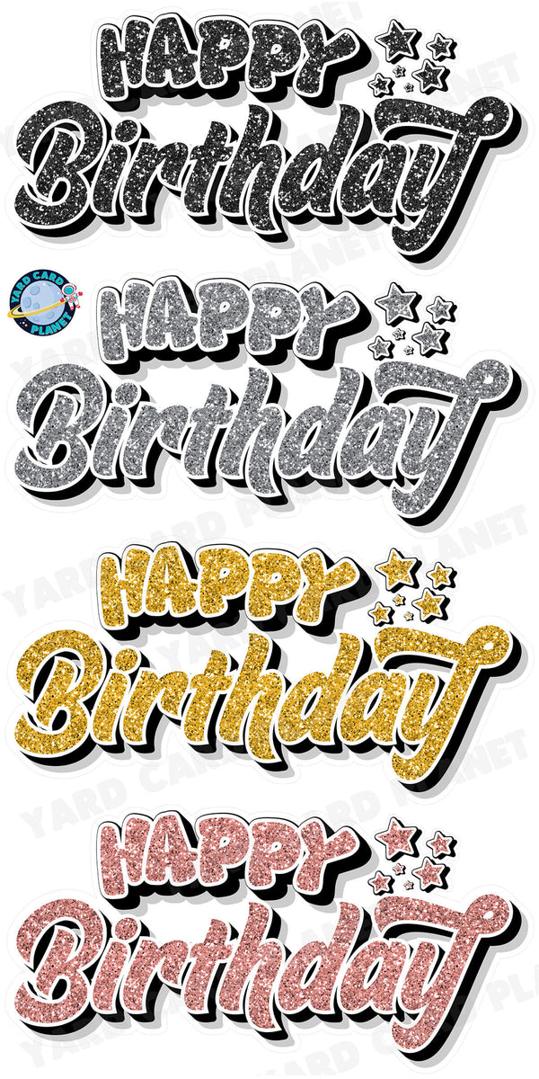 Happy Birthday EZ Quick Signs in Glitter Black, Silver, Gold and Rose Gold Yard Card Set