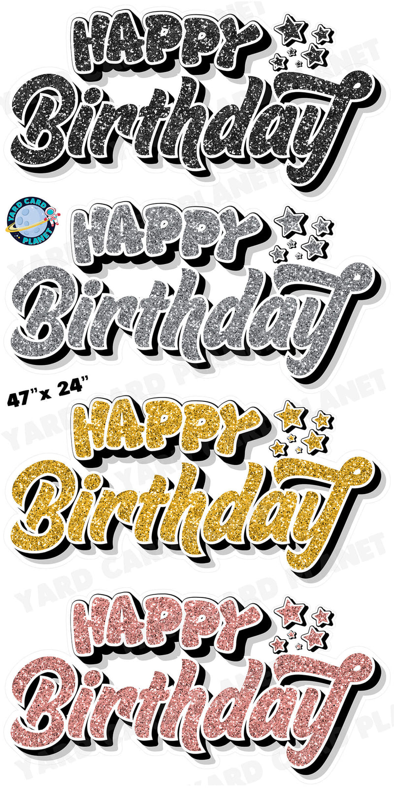 Happy Birthday EZ Quick Signs in Glitter Black, Silver, Gold and Rose Gold Yard Card Set with Measurements