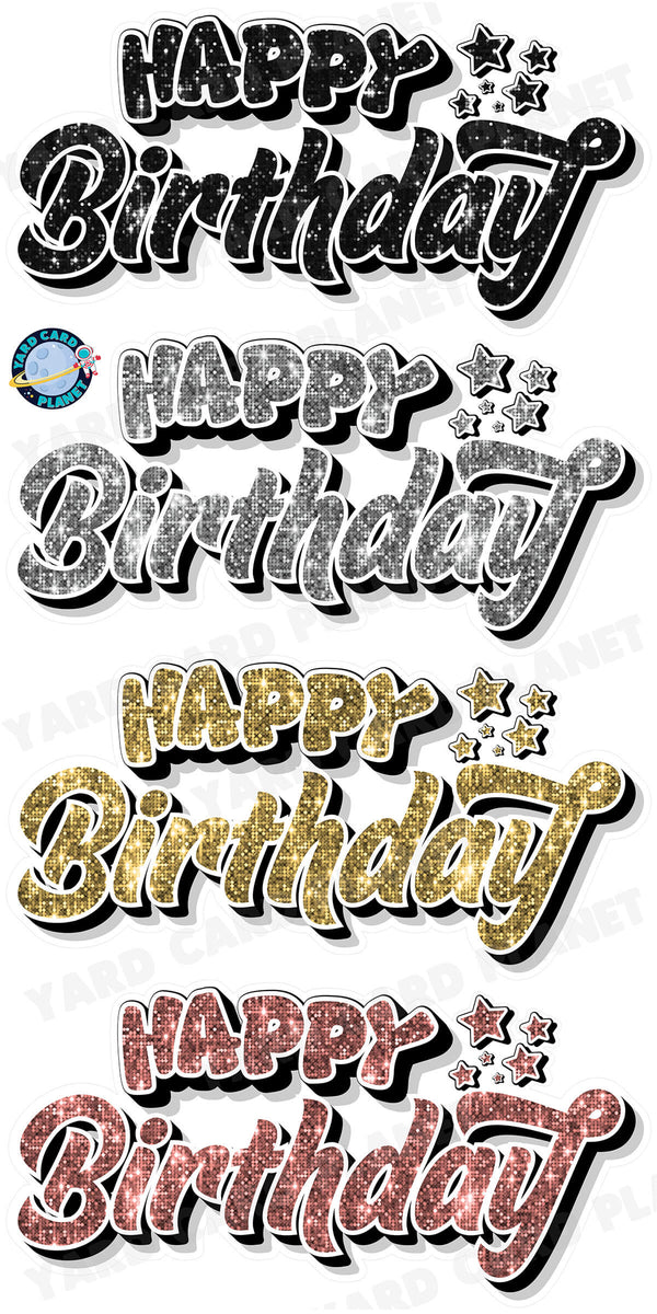 Happy Birthday EZ Quick Signs in Sequin Black, Silver, Gold and Rose Gold Yard Card Set
