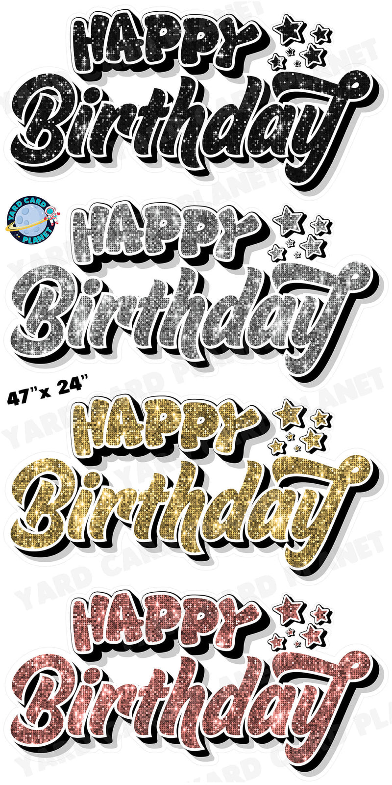 Happy Birthday EZ Quick Signs in Sequin Black, Silver, Gold and Rose Gold Yard Card Set with Measurements