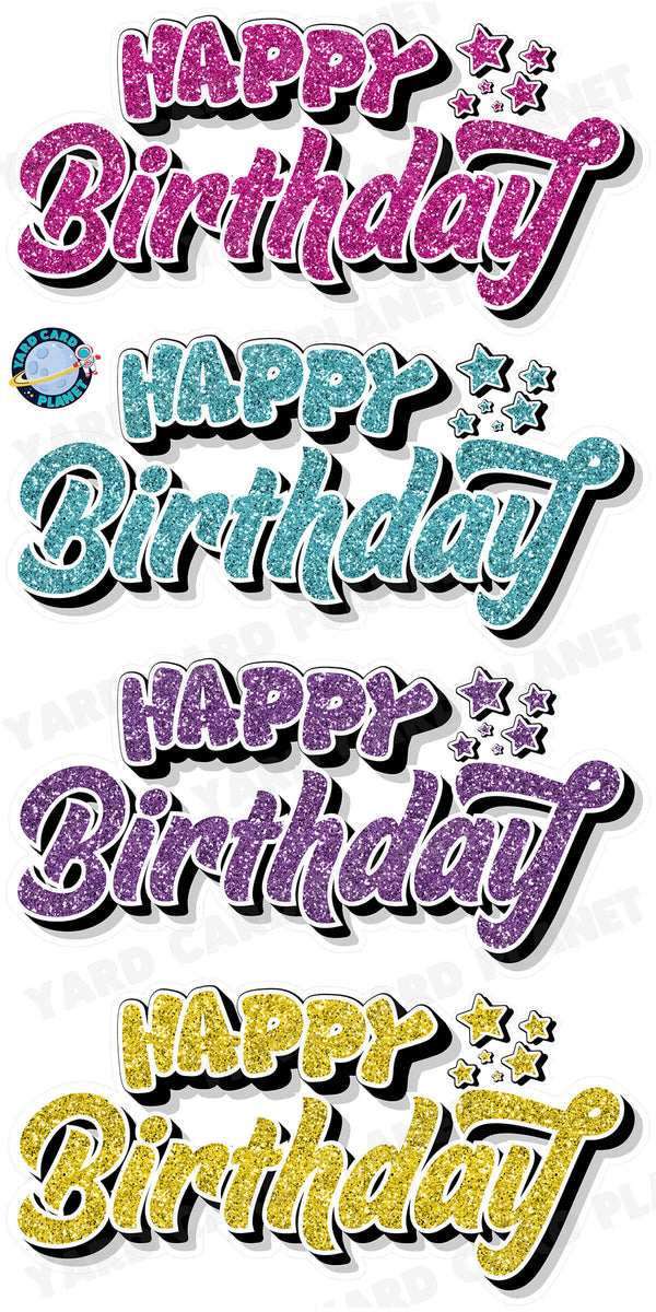 Happy Birthday EZ Quick Signs in Glitter Hot Pink, Teal, Purple and Yellow Yard Card Set